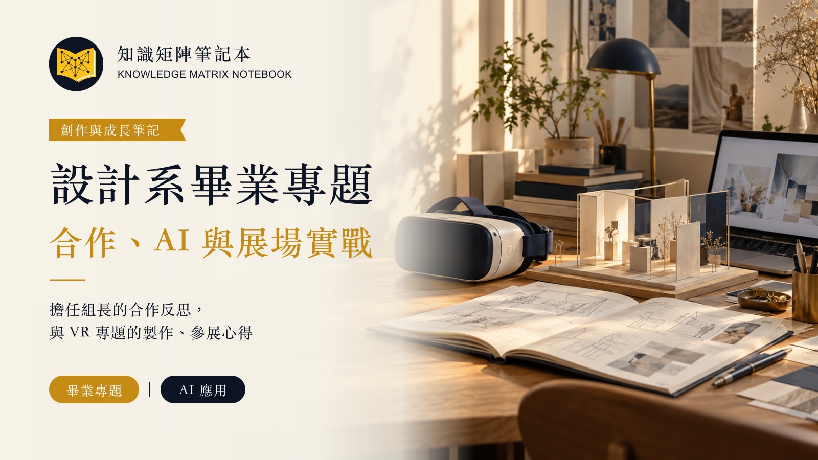 設計系畢業專題：合作、AI 與展場實戰；KMN 統一版型封面，右側為 VR 裝置與展場模型的 AI 概念場景